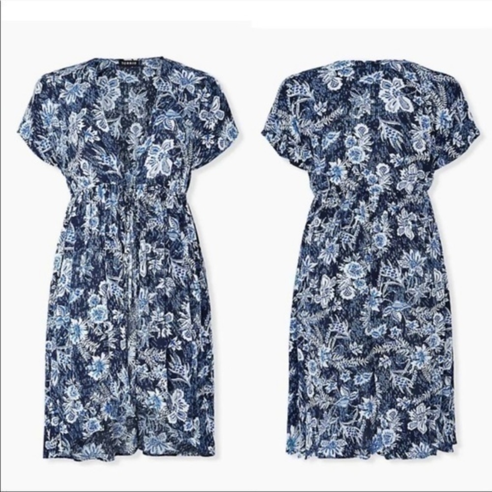 Torrid Hi-Lo Indigo Floral Kimono w Tie Waist 1/2 Plus Size